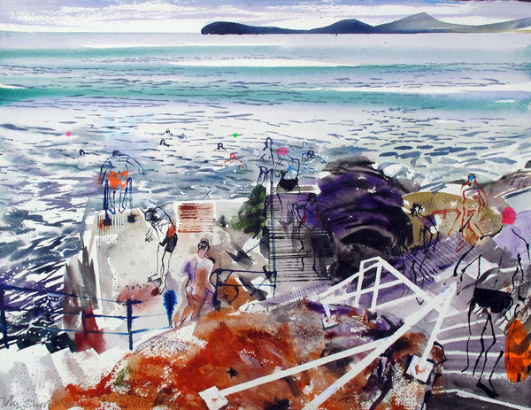 John Short Vico Bathers in Orange Watercolour and ink 55 x 70cm