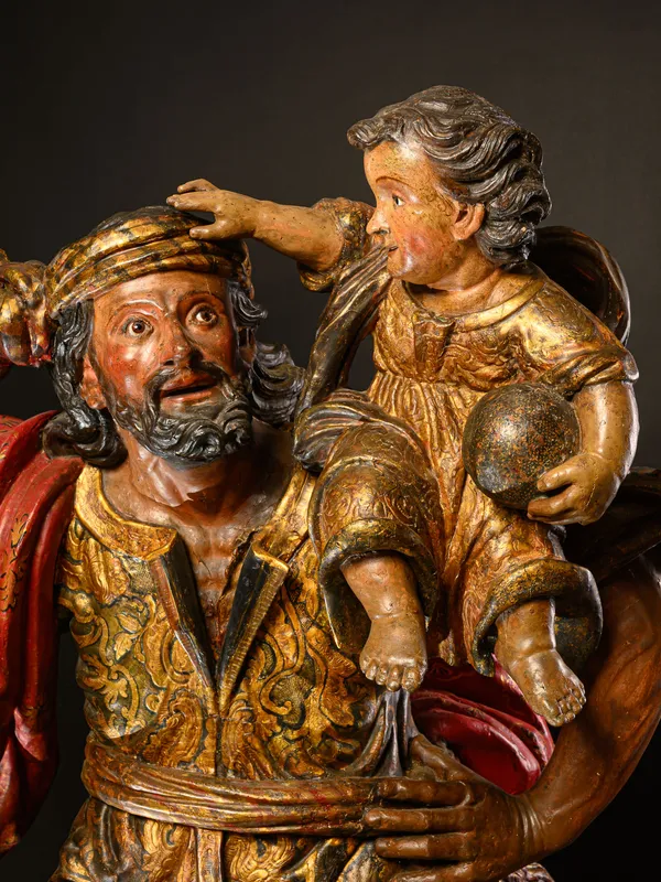 17th C Saint Christopher with the Christ Child, Polychromed wood, immediate artistic circle Juan Martínez Montañés, Spain. Walnut or chestnut wood, gilded, polychromed. 174 x 60 x 60 cm 68 1/2 x 23 5/8 x 23 5/8 in Base: 80 cm high
