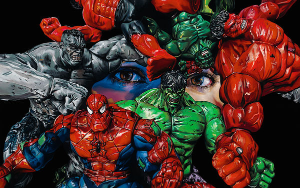 womans eyes peeking through a wall of superheros figures including the hulk