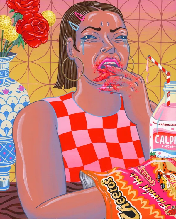 Kirsten Liu Wong painting of female figure eating spicy Cheeto snacks and crying, bright red and yellow colors with blue accents