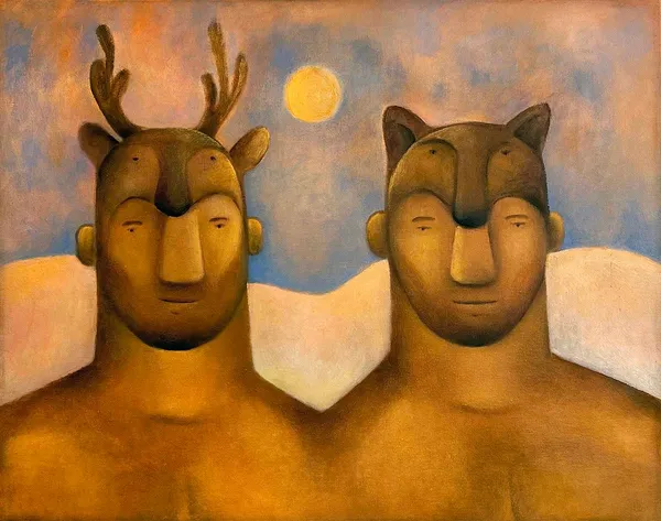 Carlos Rodriguez - painting of two men side by side, one wears a dear mask and the other wearing a fox mask. The apinting framed only part of the body above their chest. In the center and in background painted a moon hung in blue sky.