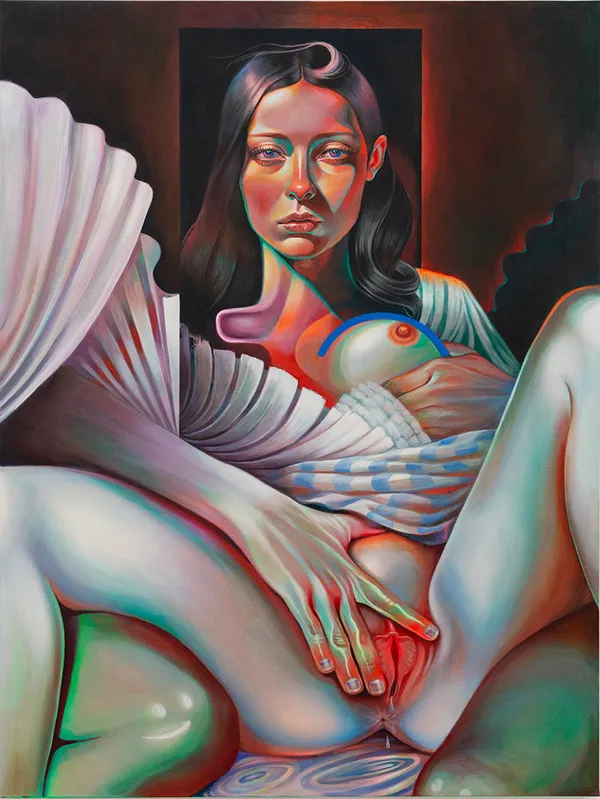 Painting of a woman with long wavy dark brown hair. There is an hand grabbing her exposed breast and another hand on exposed genitals.