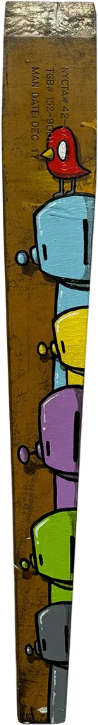 wooden beam with a grey, green, purple, yellow, and blue robots drawn stacked on top of each other with a red bird at the very top