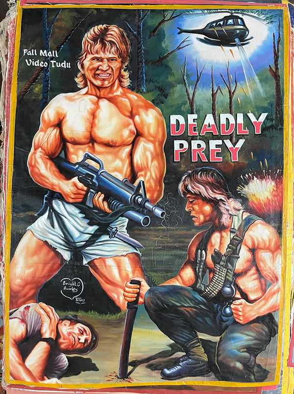 Painted poster for the movie "Deadly Prey" of two shirtless men with guns in a forest while a helicopter flies above them
