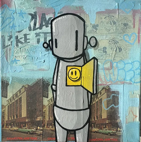grey robot with an opening in his chest that contains a yellow smiley face