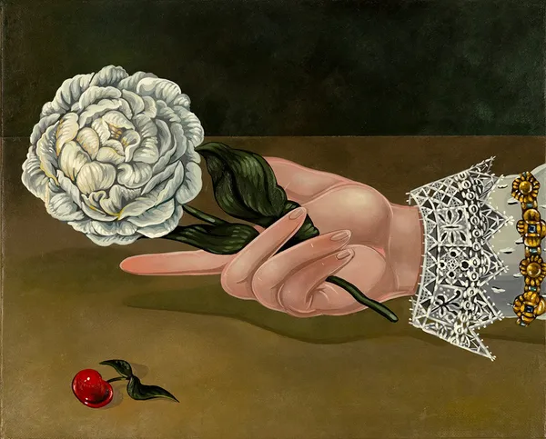 Painting of a hand holding a large white flower with a cherry besides it by Sabrina Bockler