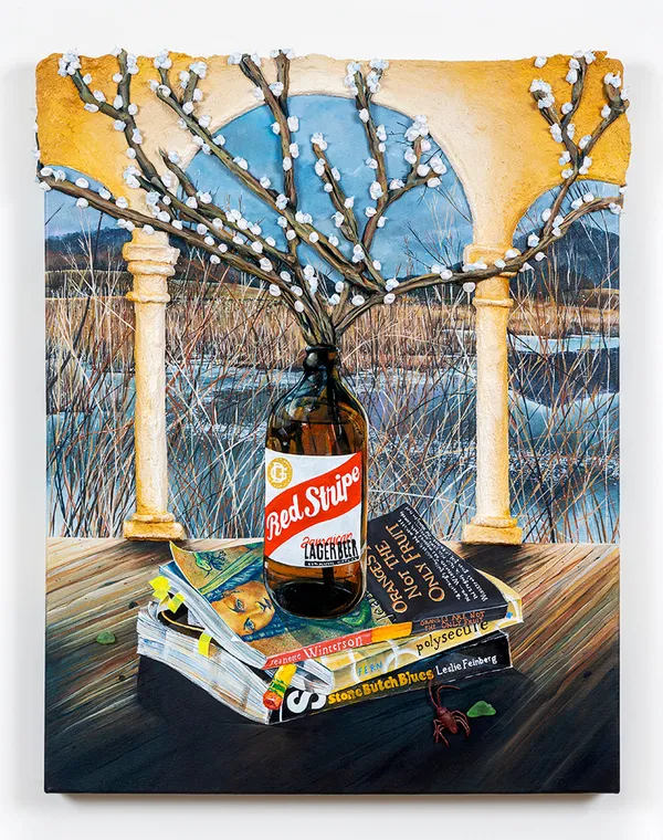 Nic Dyer's painting of flowers in a Red Stripe bottle