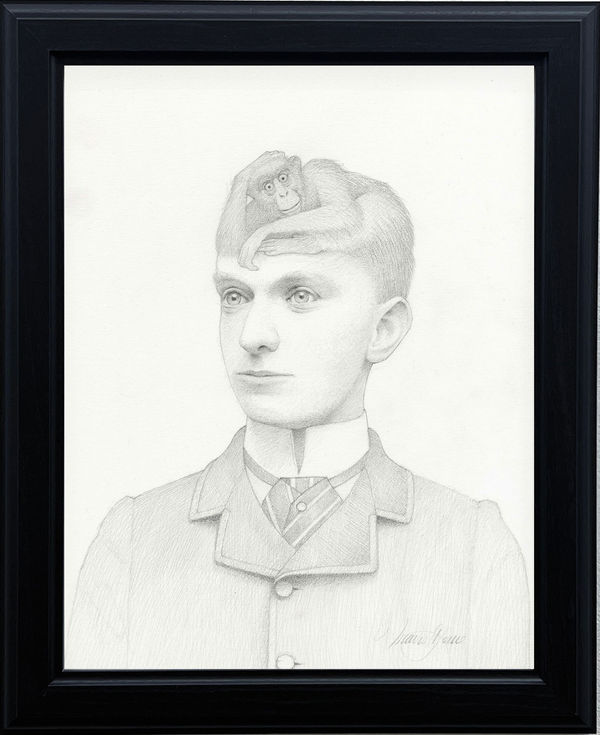 drawing of a man with a monkey on his head by Travis Louie