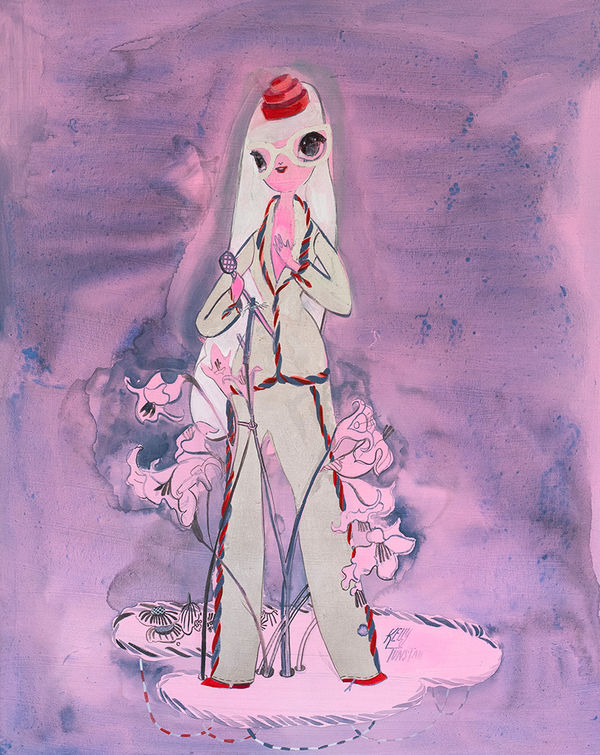 A painting by Kelly Tunstall depicting a woman in an illustrative style surrounded by tall flowers and a washy pink and purple background.