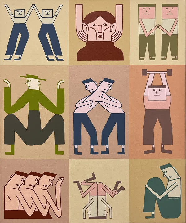 painting divided into 9 sections each showing different figures with square heads