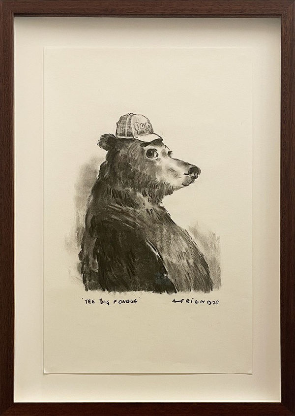 A drawing of a bear wearing a baseball hat.