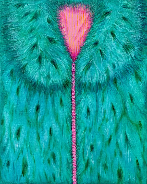 Painting of a teal fur coat with a pink zipper