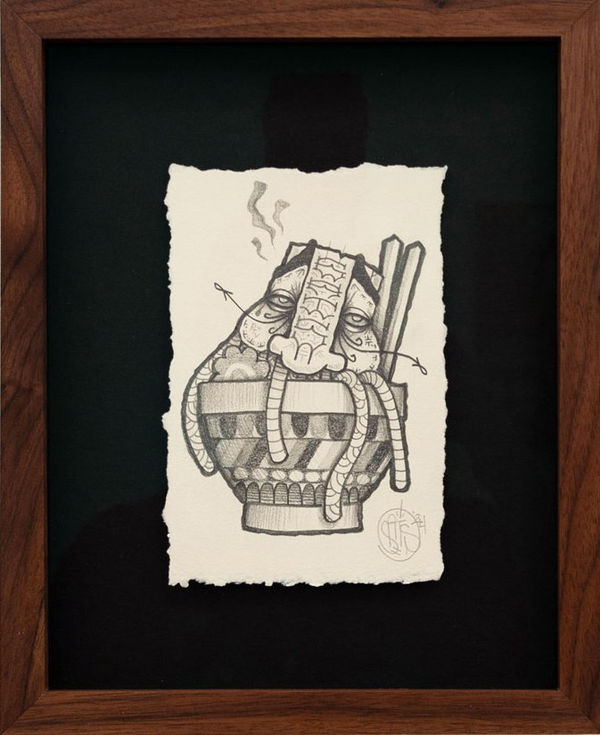 Drawing on paper of a ramen bowl with chopsticks and a GATS character coming out of the bowl