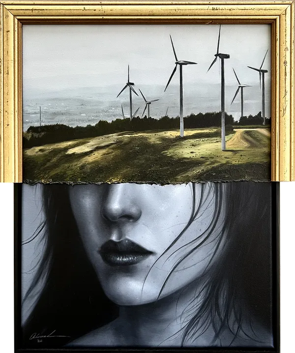 Painting with a gold frame and image of windmills on the top half and a woman's face on the bottom half in a black frame