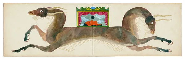 Watercolor painting of a two headed horse looking creature with a stage on its back with red curtains