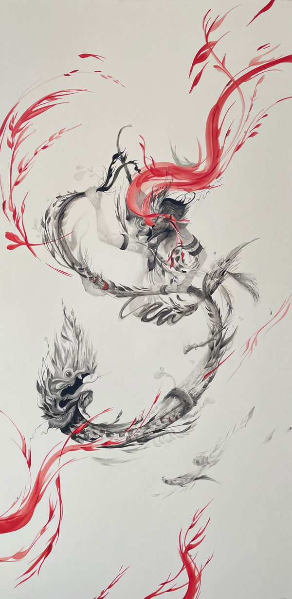 JP Neang The Water Dragon, 2024 graphite and watercolor on Bristol paper mounted to wood panel 36 x 18 in 91.4 x 45.7 cm