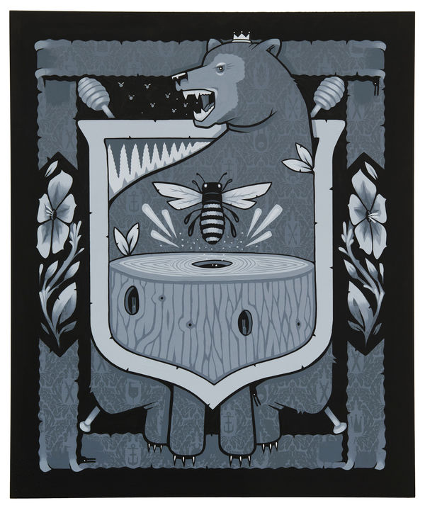 Gray-scale painting of a crest like composition depicting a growling bear, flowers, a bee with its wings stretched out flying above a log by artist Jeremy Fish.