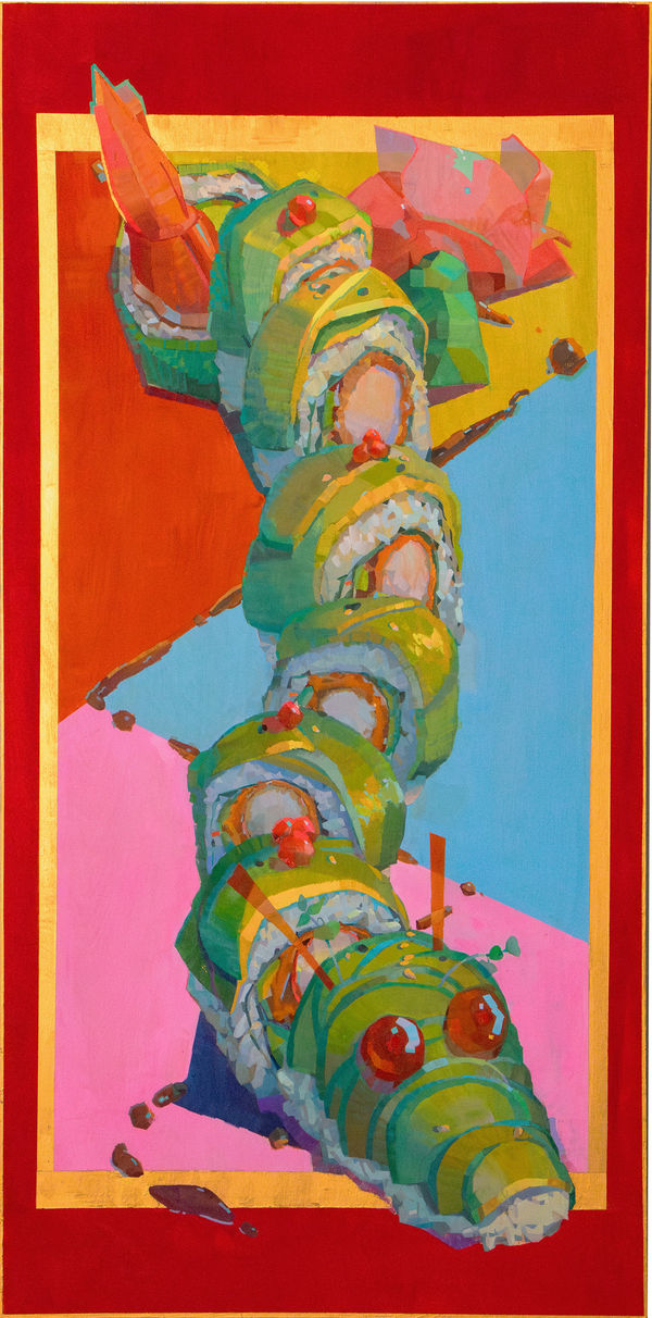 Angela Sung Year of the Dragon (Roll)!, 2024 gouache on wood panel 36 x 18 in 91.4 x 45.7 cm