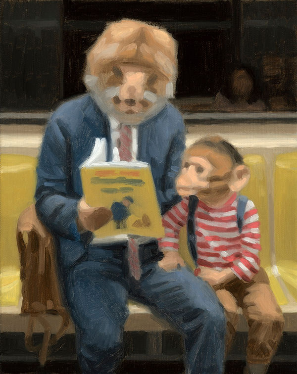 painting sketch of a Man with a monkey head reading to his child with a monkey head