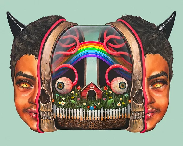 Painting of a mans face split in half revealing eyeballs, a rainbow, and a doghouse