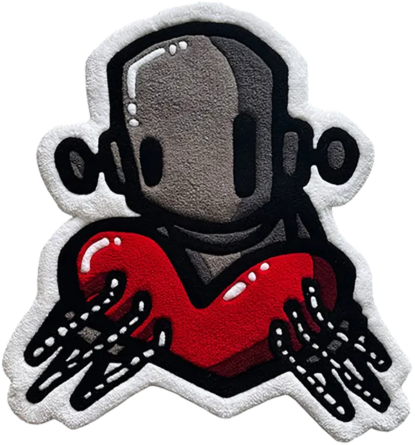 rug in the shape of a grey robot holding a red heart