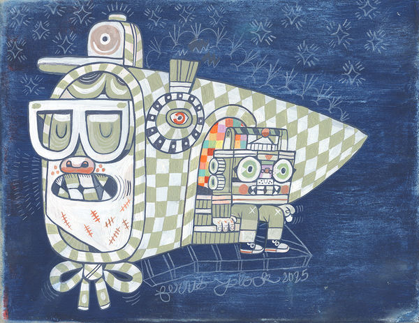 A painting by ferris Plock of a characters head wearing a bandana with a little boombox character sitting on steps coming out of the bigger characters bandana. There is a major use of bright vivid patterns and colors.
