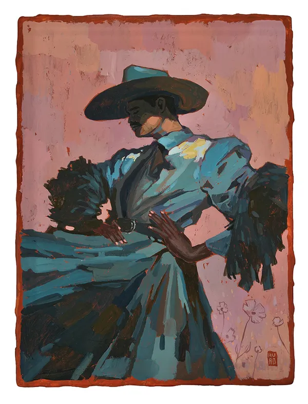 Painting of a figure wearing a blue hat and blue collared dress with their hands on their hips