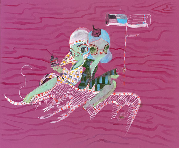 A painting by Kelly Tunstall of two girl characters in an illustrative style, each holding an object and on a bat-shaped object floating in the air.