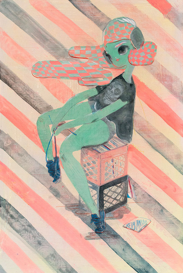 A painting by Kelly Tunstall of a girl character tying her shoes sitting on two crates. The background is striped and her hair is filled with a checkered pattern.
