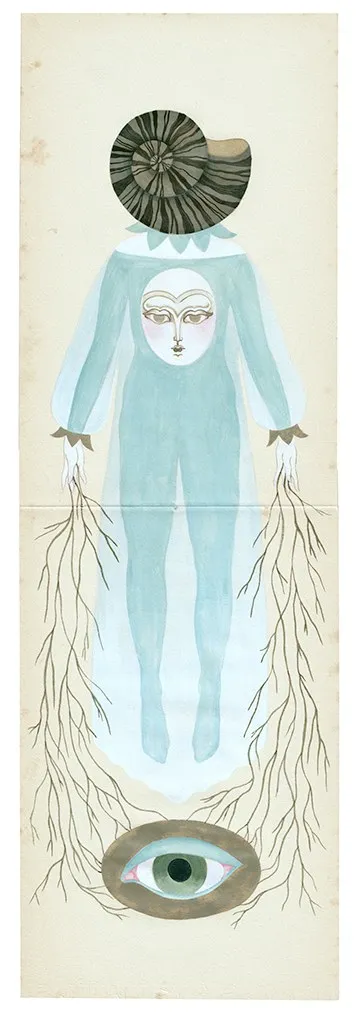 Watercolor painting of a human body in light blue with a human face on the chest and a seashell as a head and roots coming out of the hands floating above an eye