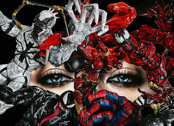 woman wearing a face mask made of spiderman charachter figures