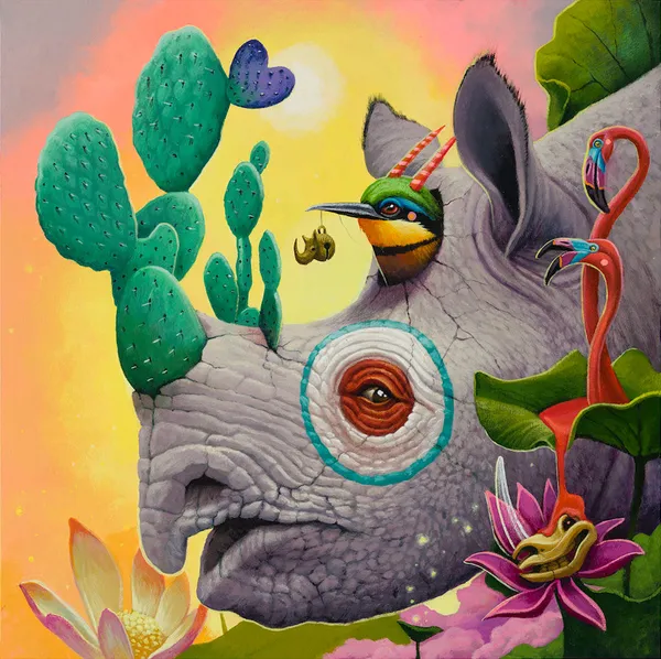 Dulk rhino with cactii , birds and flamingos