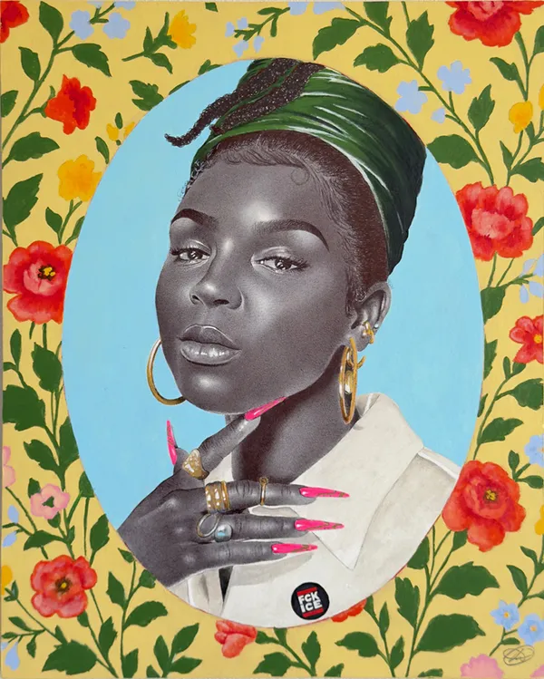 Painted portrait of a woman with a yellow floral border