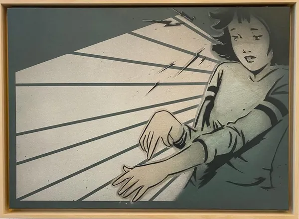 Painting of a young girl in a long sleeve shirt raising her hands over a window shadow