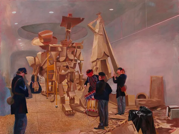 Painting of a studio set with several actors dressed as civil war soldiers surrounding a cardboard puppet