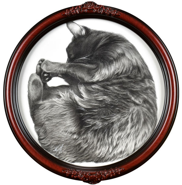 Circular wooden frame with a black and white drawing of a sleeping cat