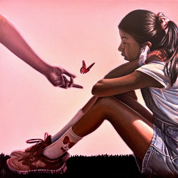 Painting of a girl sitting on the ground with a hand reaching down in front of her releasing a monarch butterfly