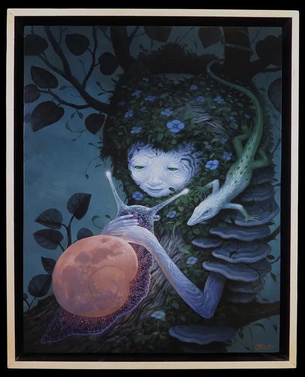 Painting of a woodland creature holding a snail