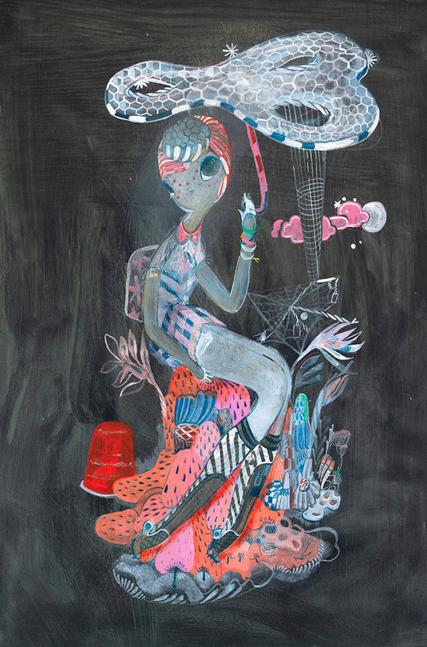 A painting by Kelly Tunstall of a girl character in an illustrative style surrounded by colorful and pattern-filled objects. Bright colors were used on top of a black background.