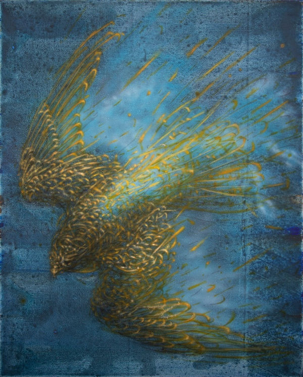owl made from golden ribbons flying downward over a bue background