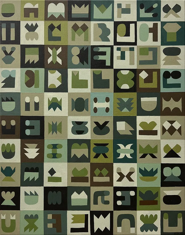 green painting of a series of abstract symbols