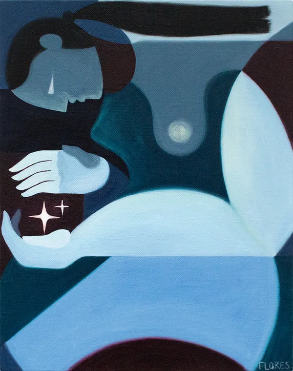 Abstract painting of a blue nude woman with stars between her hands