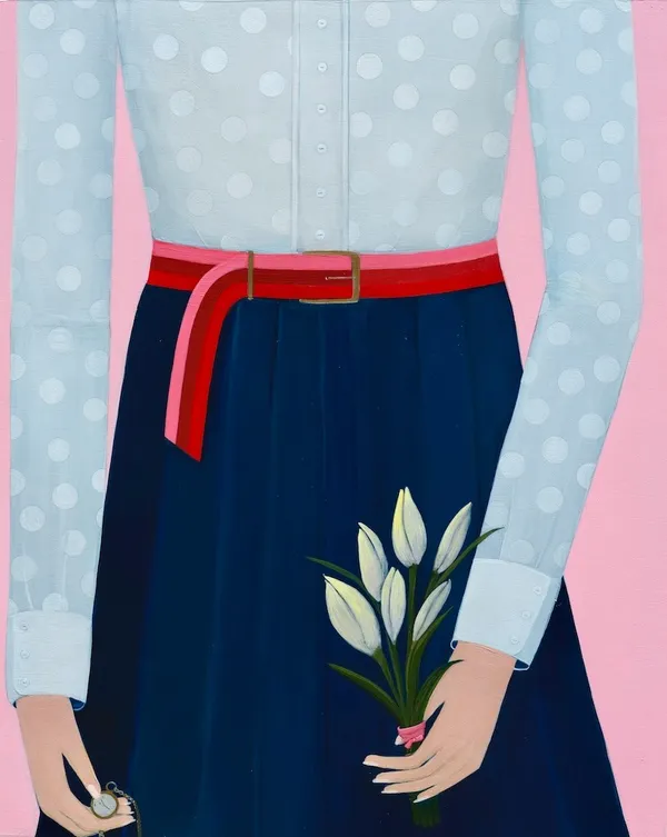 Painting by Angela Burson depicting a woman wearing a long dark blue skirt, pink and red striped belt, and a light blue polka dot blouse. In one hand she is holding a tiny pocket watch. In her other hand, she is holding a small bouquet of white tulips.