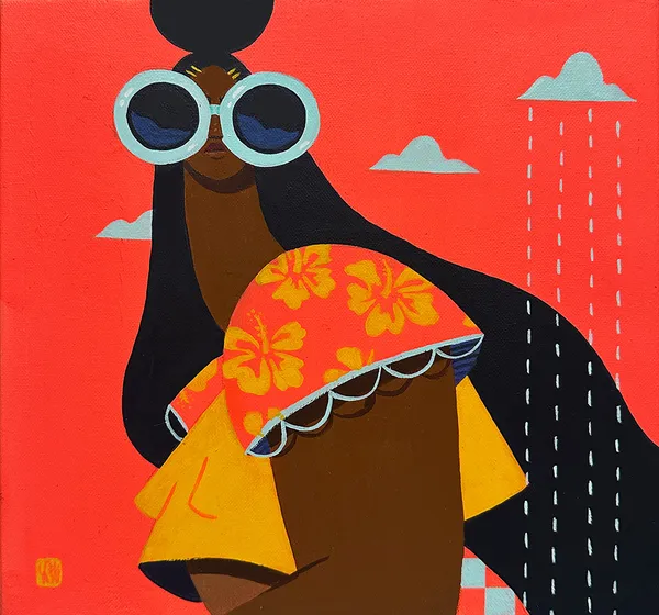 Painting of a woman in a floral dress with big round blue glasses against a red background