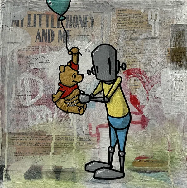 grey robot with yellow shirt and blue pants holding Winnie the Pooh with a balloon