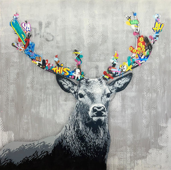 Martin Whatson The Stag, 2022 stencil, spray paint and acrylic on canvas 66 7/8 x 66 7/8 in 170 x 170 cm