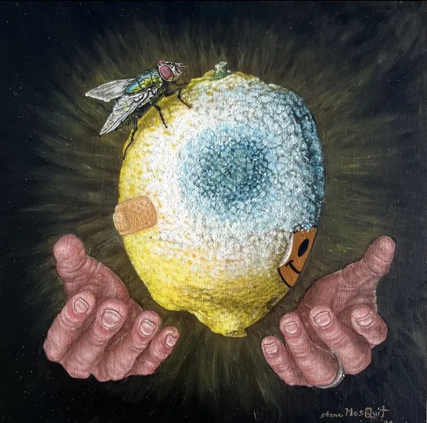 Painting of a person's hands with a floating rotten lemon between them and a large fly