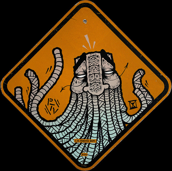 Orange road sign with detailed illustration of a masculine face, long beard, and intricate symbols/patterns in around the face.