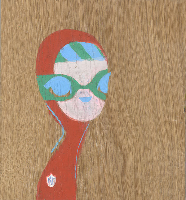 A piece by Kelly Tunstall of a character painted on top of raw wood.