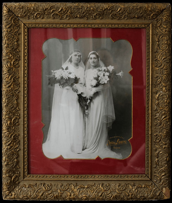 black and white wedding portrait of two brides